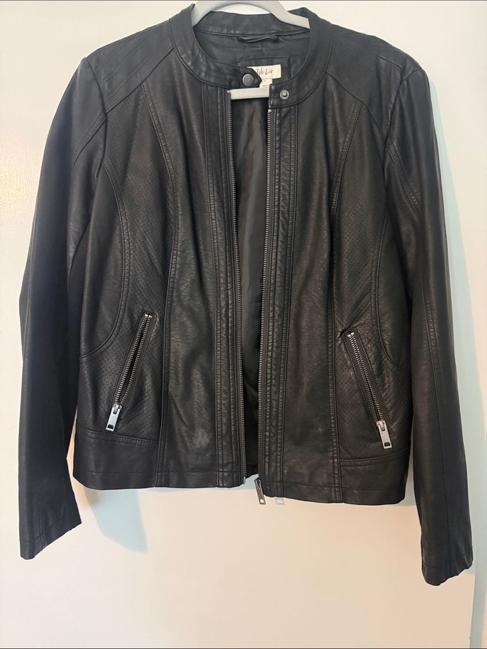 Style & Co. Black Perforated Faux Leather Bomber Jacket with Zip Pockets